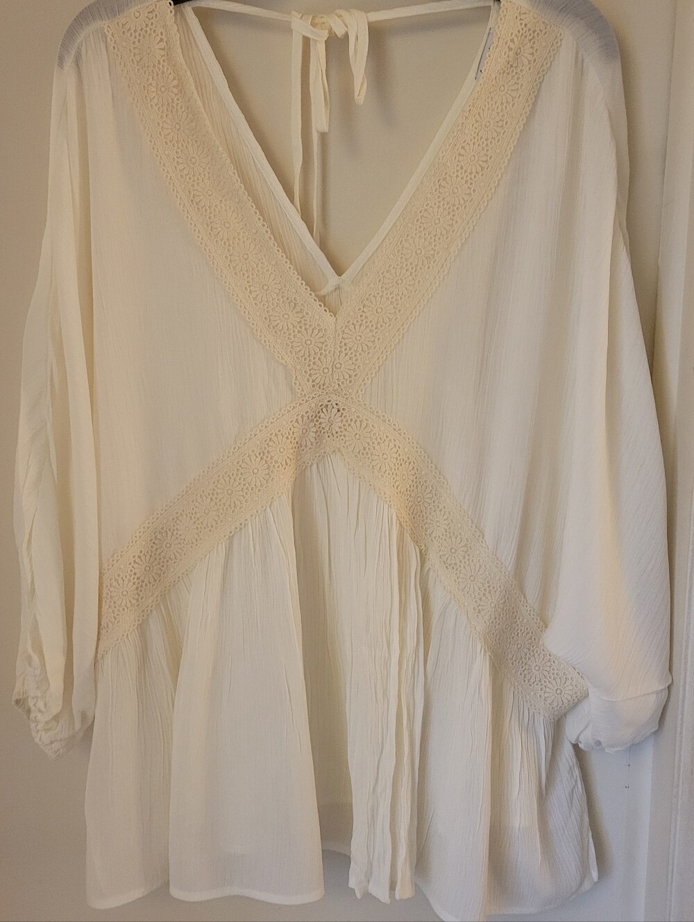 Boho Lace Trim V-Neck Peasant Blouse - Cream